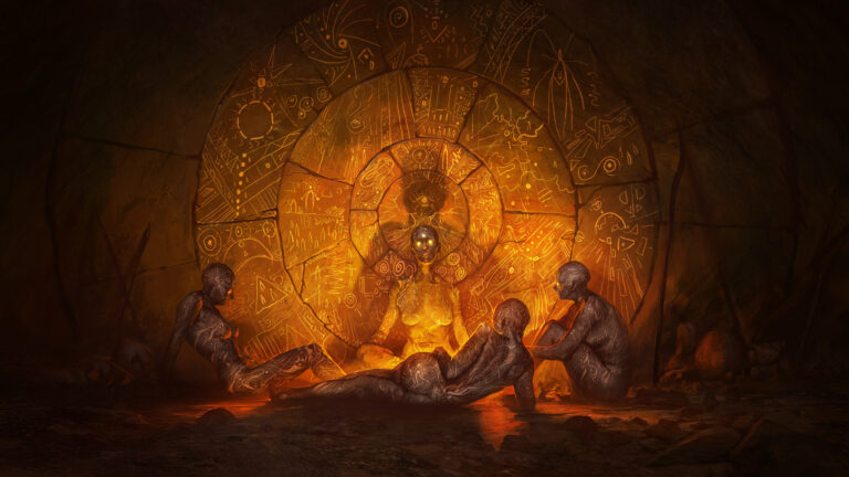 Every Inclination of the Human Heart – painting by Noah Bradley: figures gathered by firelight before a glowing golden wall