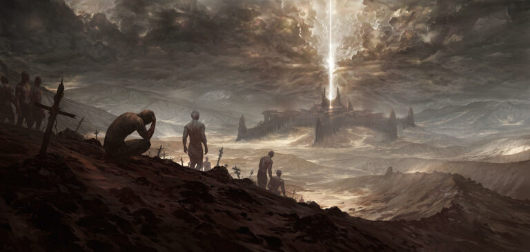For All That Could Have Been – painting by Noah Bradley: figures mourning on a hillside before a distant beam of light
