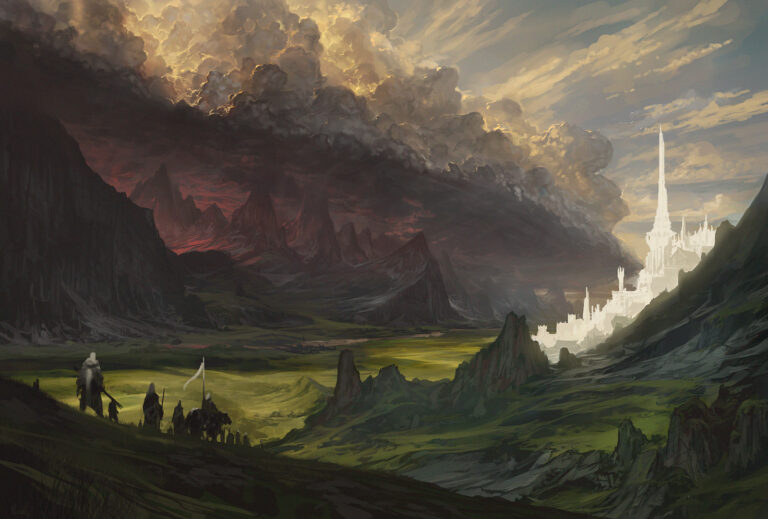 The Coming Darkness – Tolkien-inspired painting by Noah Bradley: riders crossing a green valley toward a white city beneath storm clouds