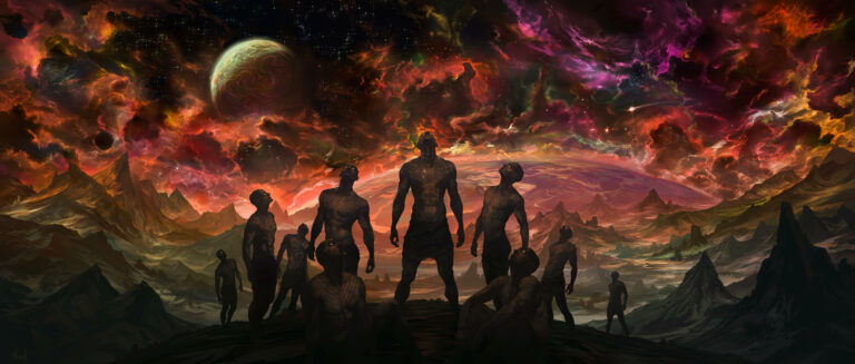 Our Grasp of Heaven – painting by Noah Bradley: a group of figures beneath a fiery nebula sky and a rising moon