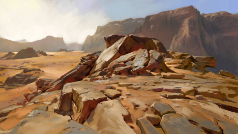 Landscape study by Noah Bradley: red sandstone boulders in a desert canyon