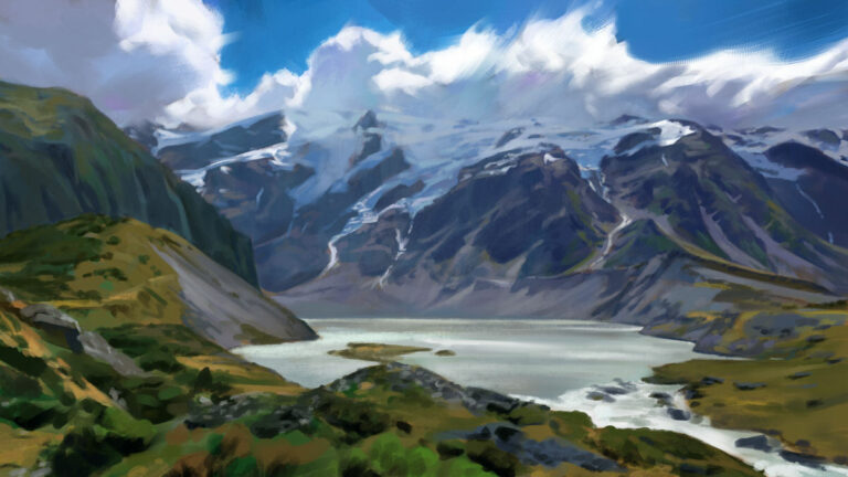 Landscape study by Noah Bradley: snow-capped mountains above a glacial river valley