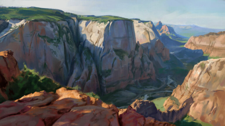 Landscape study by Noah Bradley: a red-rock canyon seen from a cliff edge