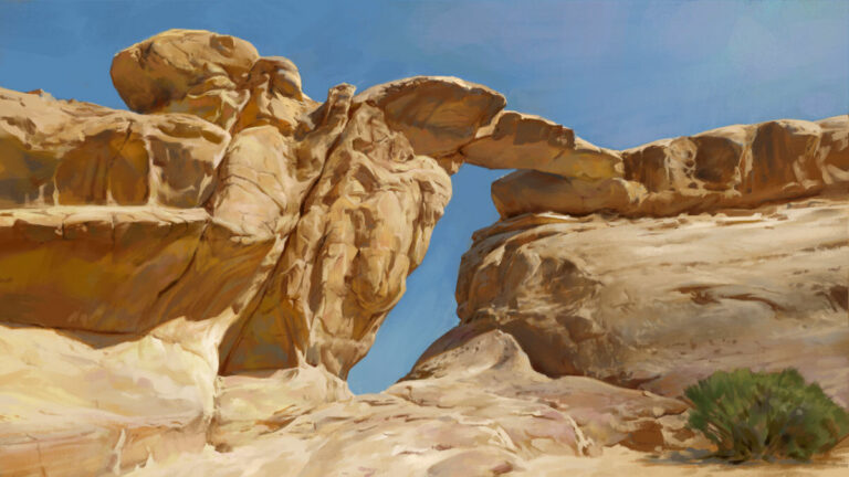 Landscape study by Noah Bradley: a sandstone arch against a blue desert sky