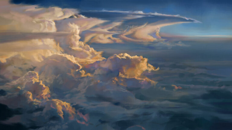 Landscape study by Noah Bradley: billowing sunlit clouds above a sea of cloud