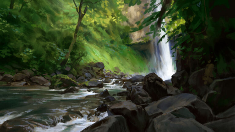 Landscape study by Noah Bradley: a waterfall and rushing river in a lush green gorge