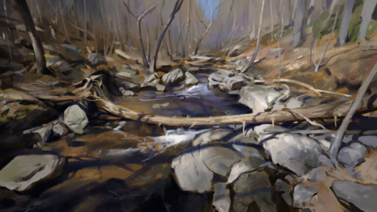 Landscape study by Noah Bradley: a rocky creek through a bare winter forest
