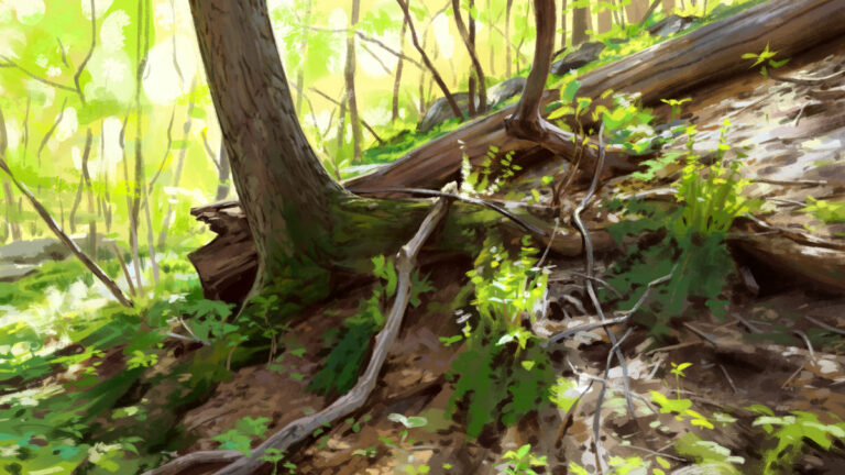 Landscape study by Noah Bradley: a tree trunk and ferns on a bright spring hillside
