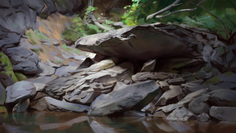 Landscape study by Noah Bradley: layered grey rock ledges beside a forest stream