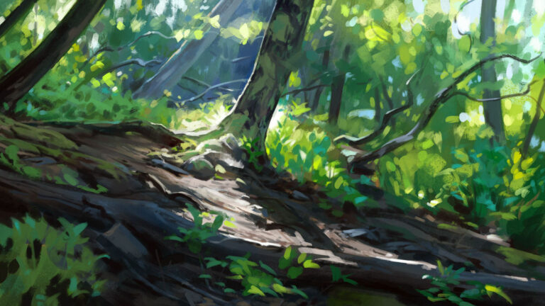 Landscape study by Noah Bradley: fallen branches and ferns on a sunlit forest floor