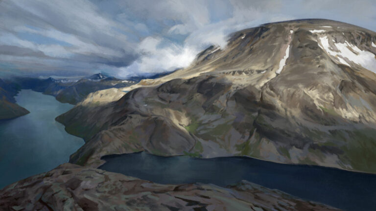 Landscape study by Noah Bradley: a rounded mountain above a dark fjord lake