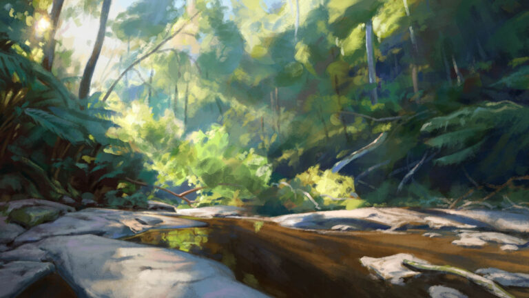 Landscape study by Noah Bradley: a shallow stream through sunlit green woods