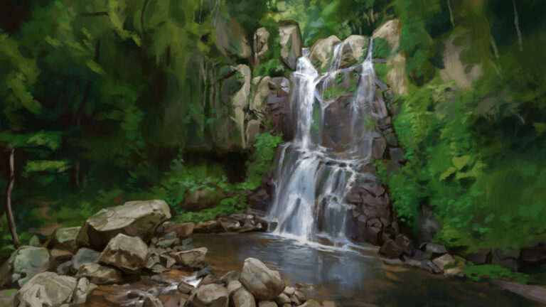 Landscape study by Noah Bradley: a waterfall over mossy rocks in a green forest