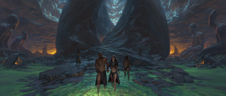 I Will Fear No Evil – painting by Noah Bradley from The Sin of Man: three figures walking between dark towering rocks