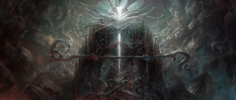 She is Our Desire – dark fantasy painting by Noah Bradley from The Sin of Man: a towering throne-like structure of light