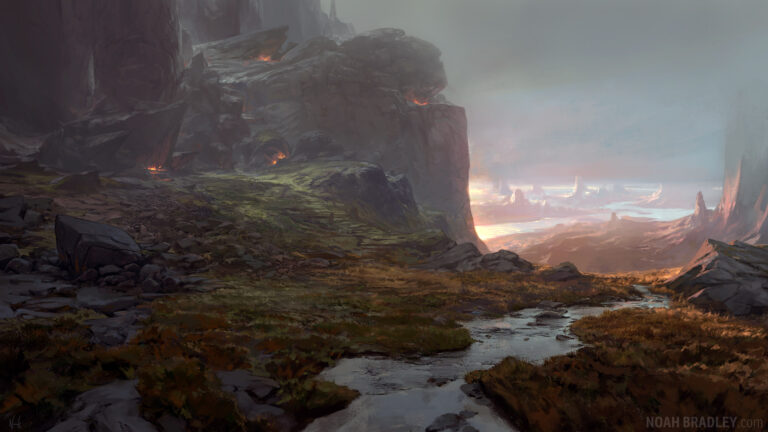 To Keep Them Away – painting by Noah Bradley from The Sin of Man: a misty moor with a stream below a ruined fortress