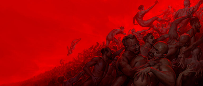 Weeping and Gnashing of Teeth – painting by Noah Bradley from The Sin of Man: a mass of tormented figures in red light