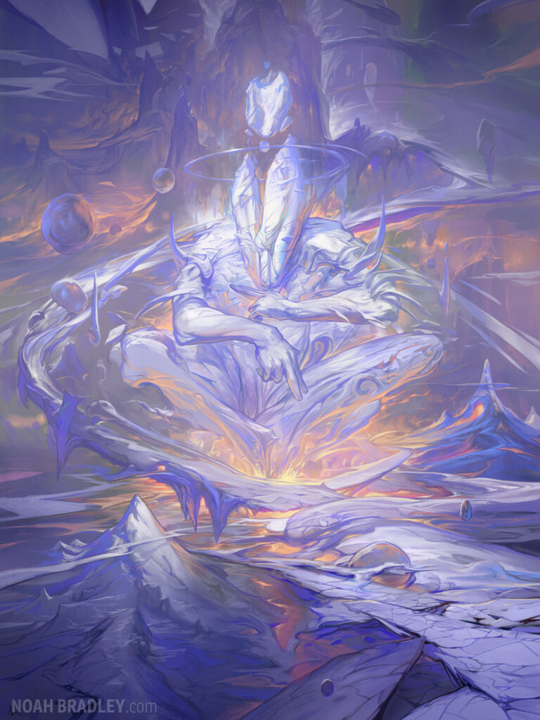 When Spirits Immortal Sing – painting by Noah Bradley from The Sin of Man: a radiant crystalline figure seated in light
